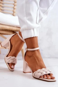 Sale Skórzane Sandały Na Słupku Beżowe Lorelei Damskie Sandały Na Obcasie