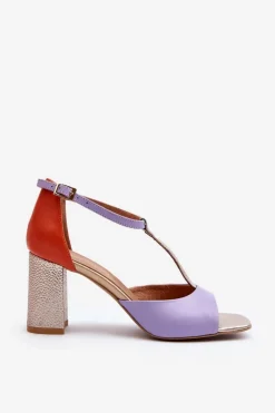 Outlet Skórzane Sandały Na Słupku 2759 Fioletowe Damskie Sandały Na Słupku|Sandały Na Obcasie