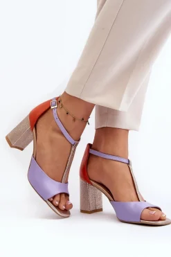 Outlet Skórzane Sandały Na Słupku 2759 Fioletowe Damskie Sandały Na Słupku|Sandały Na Obcasie