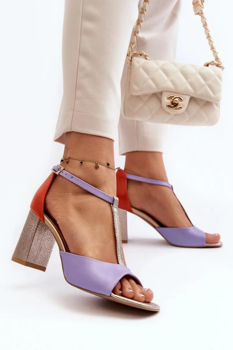 Outlet Skórzane Sandały Na Słupku 2759 Fioletowe Damskie Sandały Na Słupku|Sandały Na Obcasie