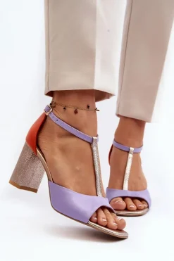 Outlet Skórzane Sandały Na Słupku 2759 Fioletowe Damskie Sandały Na Słupku|Sandały Na Obcasie