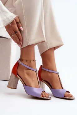 Outlet Skórzane Sandały Na Słupku 2759 Fioletowe Damskie Sandały Na Słupku|Sandały Na Obcasie