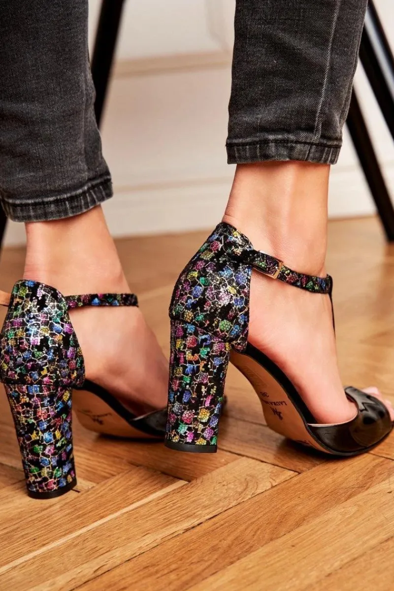 Sandały Na Obcasie|Botki Skórzane>Laura Messi Skórzane Sandały Na Słupku 1916 Lakierowane Czarne