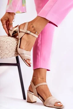 Skórzane Sandały Na Słupku Różowo-Złote Corane Damskie Sandały Na Obcasie