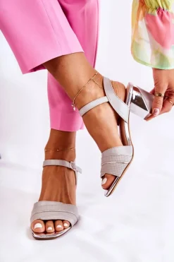 Sandały Na Obcasie>Buty Sergio Leone Skórzane Sandały Na Słupku Srebrne Corane