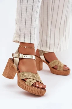 Best Skórzane Sandały Na Słupku Z Plecionką Na Paskach 40460 Złote Damskie Sandały Na Słupku|Sandały Na Obcasie