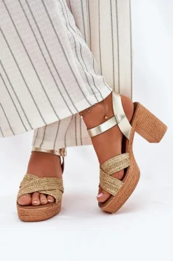 Best Skórzane Sandały Na Słupku Z Plecionką Na Paskach 40460 Złote Damskie Sandały Na Słupku|Sandały Na Obcasie