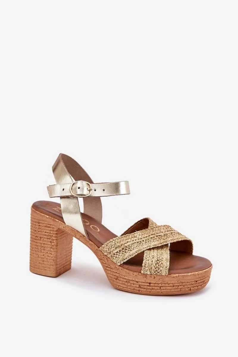 Best Skórzane Sandały Na Słupku Z Plecionką Na Paskach 40460 Złote Damskie Sandały Na Słupku|Sandały Na Obcasie