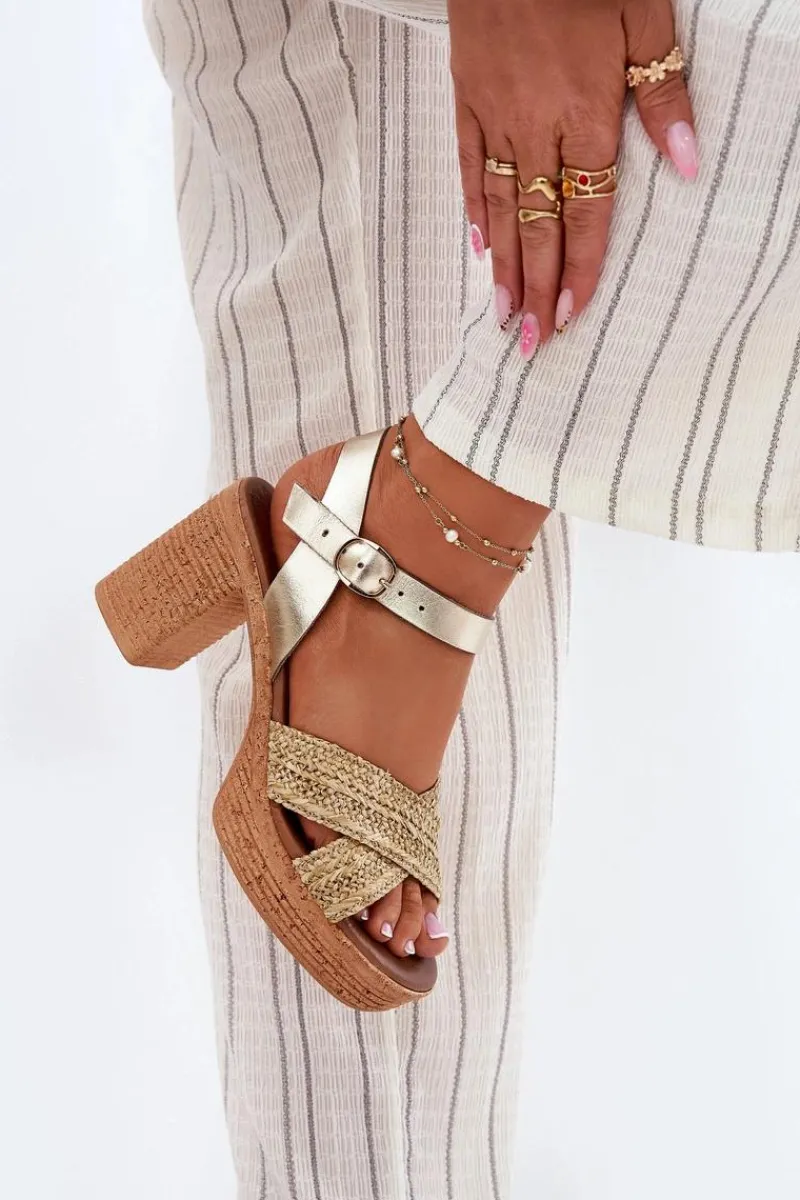 Best Skórzane Sandały Na Słupku Z Plecionką Na Paskach 40460 Złote Damskie Sandały Na Słupku|Sandały Na Obcasie