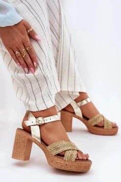Best Skórzane Sandały Na Słupku Z Plecionką Na Paskach 40460 Złote Damskie Sandały Na Słupku|Sandały Na Obcasie