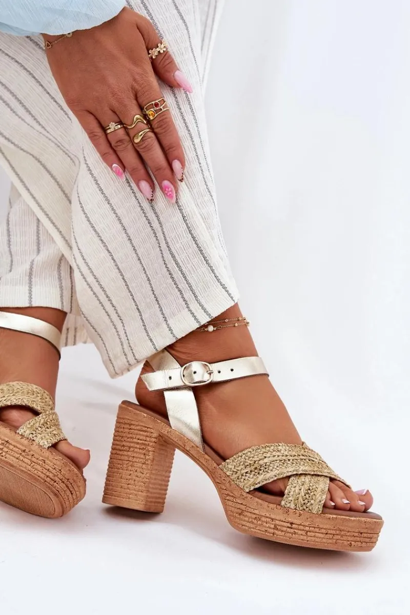 Best Skórzane Sandały Na Słupku Z Plecionką Na Paskach 40460 Złote Damskie Sandały Na Słupku|Sandały Na Obcasie