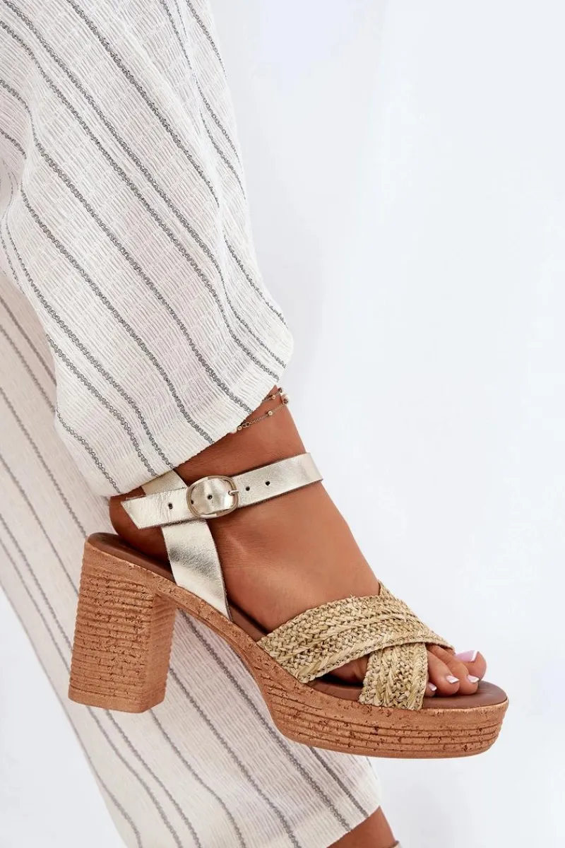 Best Skórzane Sandały Na Słupku Z Plecionką Na Paskach 40460 Złote Damskie Sandały Na Słupku|Sandały Na Obcasie