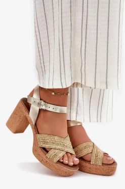Best Skórzane Sandały Na Słupku Z Plecionką Na Paskach 40460 Złote Damskie Sandały Na Słupku|Sandały Na Obcasie