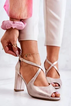 Sandały Na Obcasie>Buty Sergio Leone Skórzane Sandały Na Słupku Złote Lorita