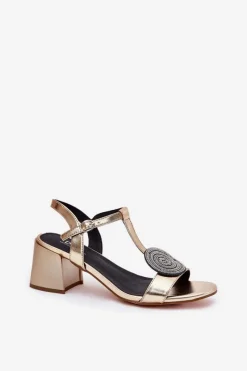 Best Damskie buty S.Barski Skórzane Sandały Na Słupku Z Ozdobą D&A JC51-842 Złote Złoty