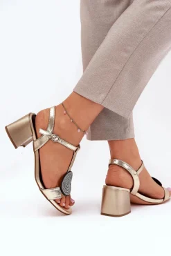 Best Damskie buty S.Barski Skórzane Sandały Na Słupku Z Ozdobą D&A JC51-842 Złote Złoty