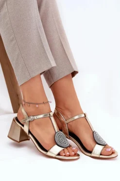 Best Damskie buty S.Barski Skórzane Sandały Na Słupku Z Ozdobą D&A JC51-842 Złote Złoty