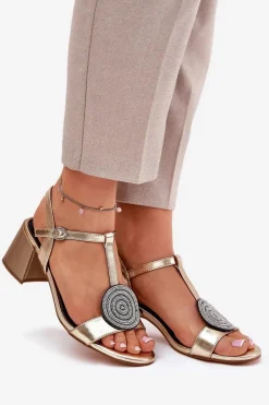Best Damskie buty S.Barski Skórzane Sandały Na Słupku Z Ozdobą D&A JC51-842 Złote Złoty