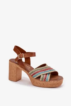 Sale Zazoo Skórzane Sandały Na Słupku Z Plecionką Na Paskach 40460 Brązowe Brązowy