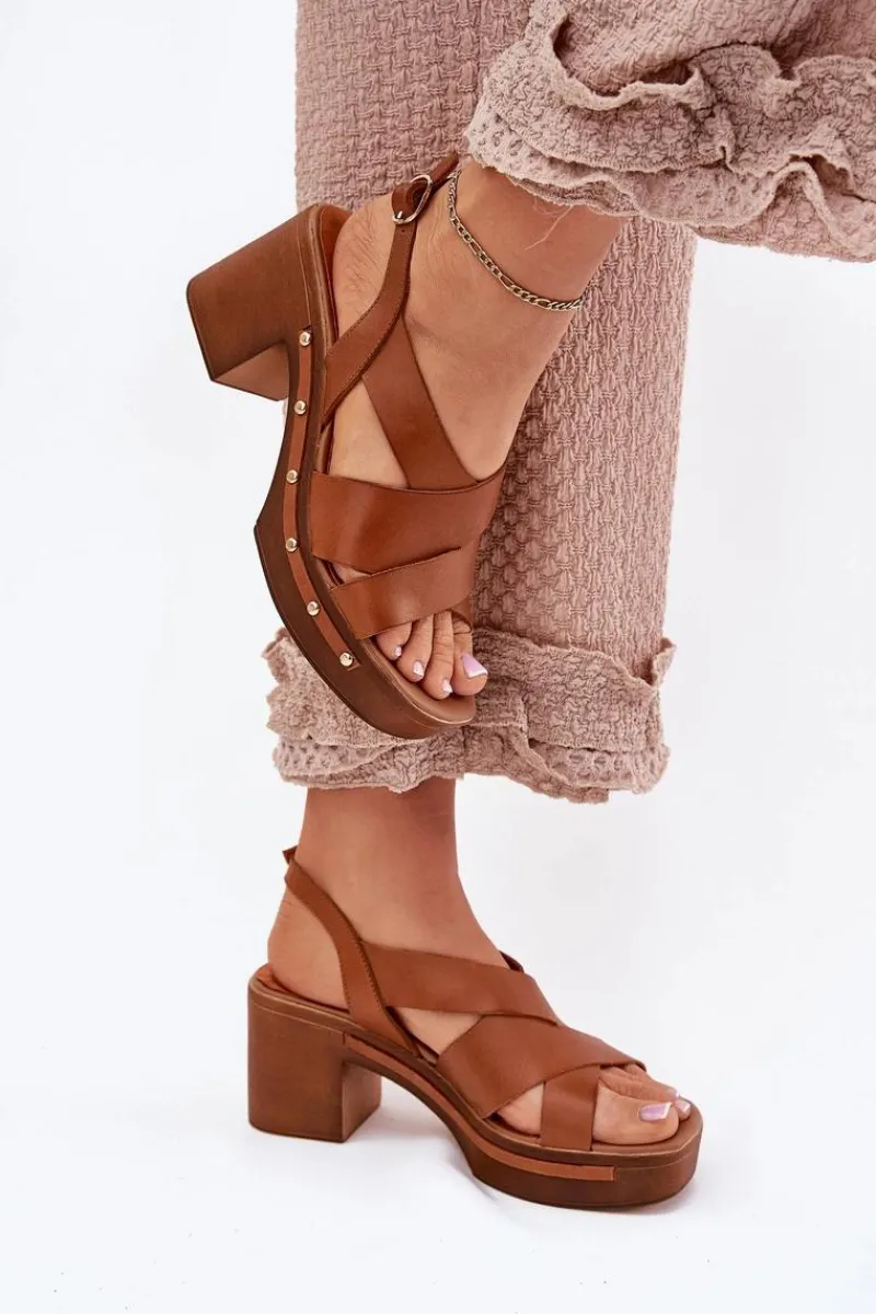 Outlet Skórzane Sandały Na Słupku 1081 Brązowe Damskie Sandały Na Słupku|Sandały Na Obcasie