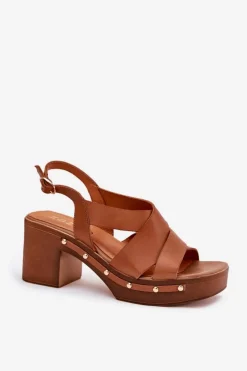 Outlet Skórzane Sandały Na Słupku 1081 Brązowe Damskie Sandały Na Słupku|Sandały Na Obcasie