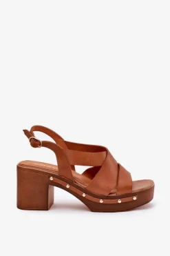 Outlet Skórzane Sandały Na Słupku 1081 Brązowe Damskie Sandały Na Słupku|Sandały Na Obcasie