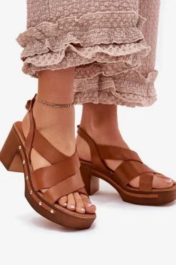 Outlet Skórzane Sandały Na Słupku 1081 Brązowe Damskie Sandały Na Słupku|Sandały Na Obcasie