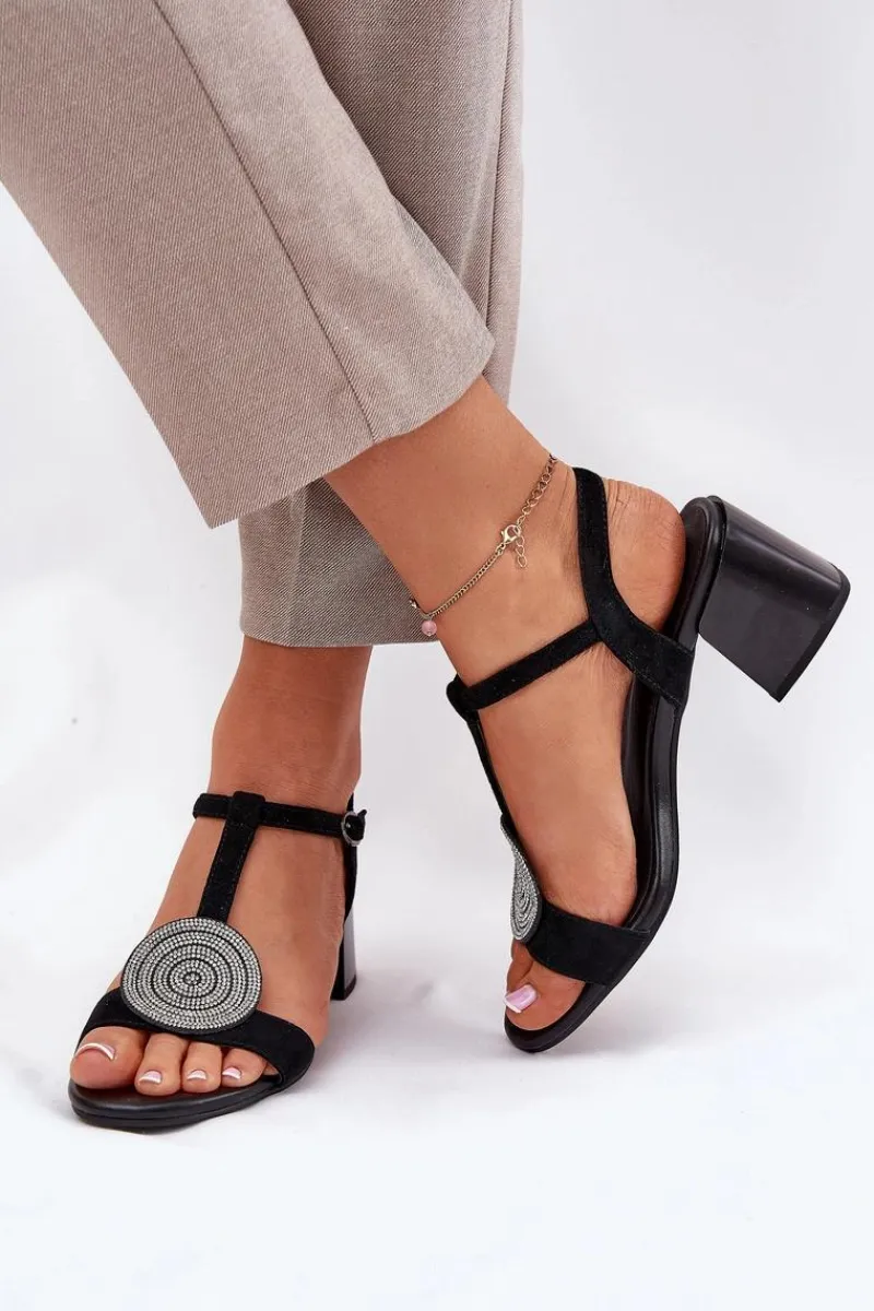 Discount Skórzane Sandały Na Słupku Z Ozdobą D&A JC51-842 Czarne Damskie Sandały Na Słupku|Sandały Na Obcasie