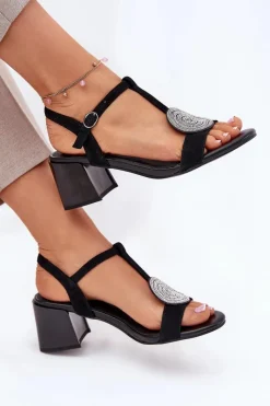 Discount Skórzane Sandały Na Słupku Z Ozdobą D&A JC51-842 Czarne Damskie Sandały Na Słupku|Sandały Na Obcasie