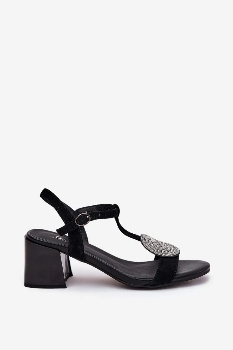 Discount Skórzane Sandały Na Słupku Z Ozdobą D&A JC51-842 Czarne Damskie Sandały Na Słupku|Sandały Na Obcasie