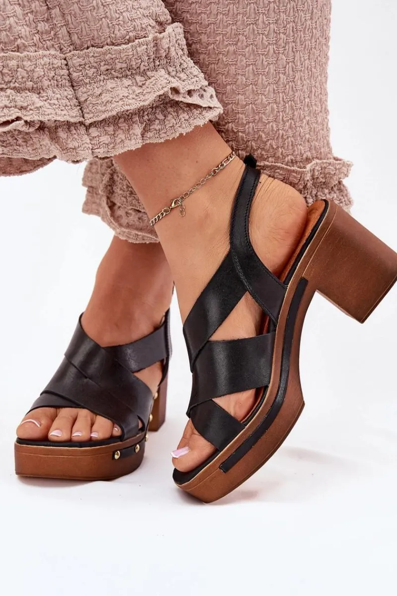 Sandały Na Słupku|Sandały Na Obcasie>Zazoo Skórzane Sandały Na Słupku 1081 Czarne Czarny