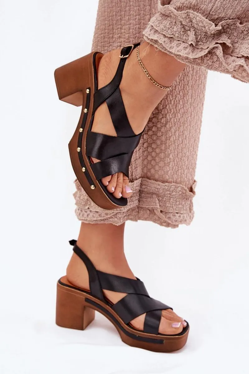 Sandały Na Słupku|Sandały Na Obcasie>Zazoo Skórzane Sandały Na Słupku 1081 Czarne Czarny