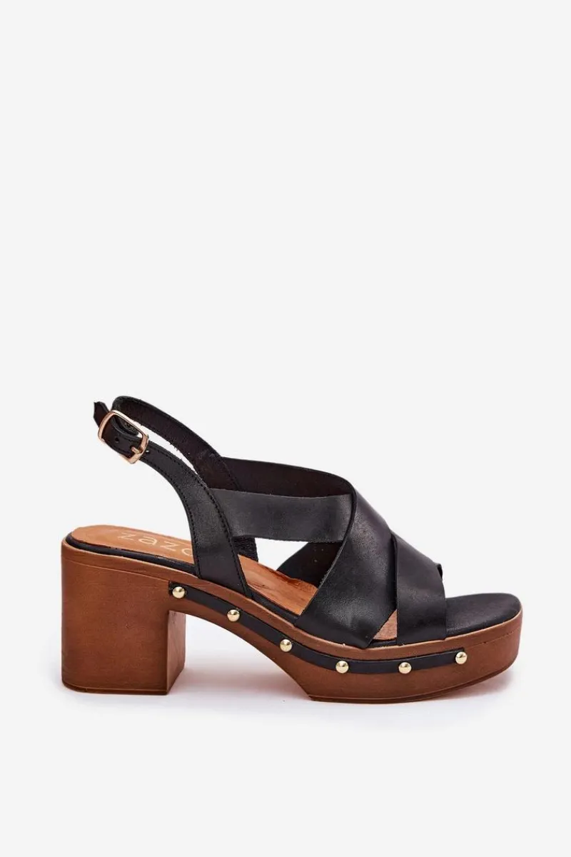 Sandały Na Słupku|Sandały Na Obcasie>Zazoo Skórzane Sandały Na Słupku 1081 Czarne Czarny