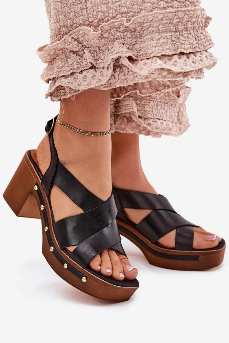 Sandały Na Słupku|Sandały Na Obcasie>Zazoo Skórzane Sandały Na Słupku 1081 Czarne Czarny