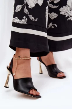 Sale Skórzane Sandały Na Szpilce Z Ozdobną Bransoletą 4440 Czarne Damskie Sandały Na Obcasie