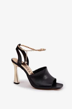Sale Skórzane Sandały Na Szpilce Z Ozdobną Bransoletą 4440 Czarne Damskie Sandały Na Obcasie