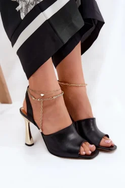 Sale Skórzane Sandały Na Szpilce Z Ozdobną Bransoletą 4440 Czarne Damskie Sandały Na Obcasie