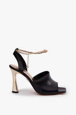 Sale Skórzane Sandały Na Szpilce Z Ozdobną Bransoletą 4440 Czarne Damskie Sandały Na Obcasie