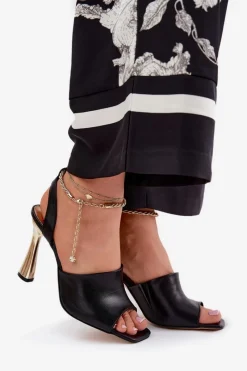 Sale Skórzane Sandały Na Szpilce Z Ozdobną Bransoletą 4440 Czarne Damskie Sandały Na Obcasie