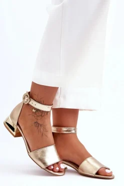 Sandały Na Obcasie>Laura Messi Skórzane Sandały Na Złotym Obcasie 2143 Złote