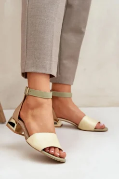 Sandały Na Obcasie>Laura Messi Skórzane Sandały Na Złotym Obcasie 2143 Beżowe Beżowy