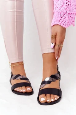 Best Skórzane Sandały Vinceza 21-17117 Czarno-Srebrne Damskie Sandały Płaskie