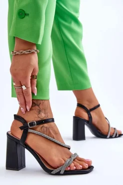 Online Boto Skórzane Sandały Z Cyrkoniami Na Obcasie Czarne Carlotta Czarny