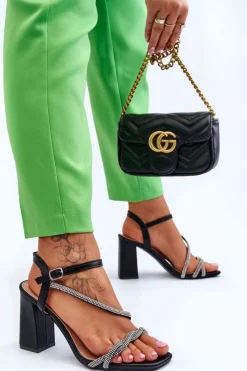 Online Boto Skórzane Sandały Z Cyrkoniami Na Obcasie Czarne Carlotta Czarny