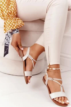 Clearance Skórzane Sandały Z Cyrkoniami S.Barski 5541 Beżowe Damskie Sandały Płaskie