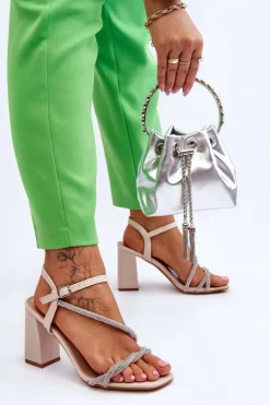 Best Skórzane Sandały Z Cyrkoniami Na Obcasie Beżowe Carlotta Damskie Sandały Na Obcasie