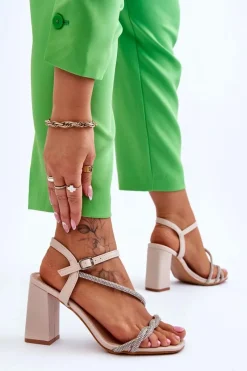 Best Skórzane Sandały Z Cyrkoniami Na Obcasie Beżowe Carlotta Damskie Sandały Na Obcasie