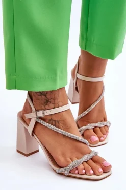 Best Skórzane Sandały Z Cyrkoniami Na Obcasie Beżowe Carlotta Damskie Sandały Na Obcasie