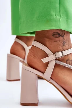 Best Skórzane Sandały Z Cyrkoniami Na Obcasie Beżowe Carlotta Damskie Sandały Na Obcasie