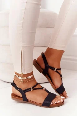 Hot Damskie buty S.Barski Skórzane Sandały Z Cyrkoniami Czarne Melly